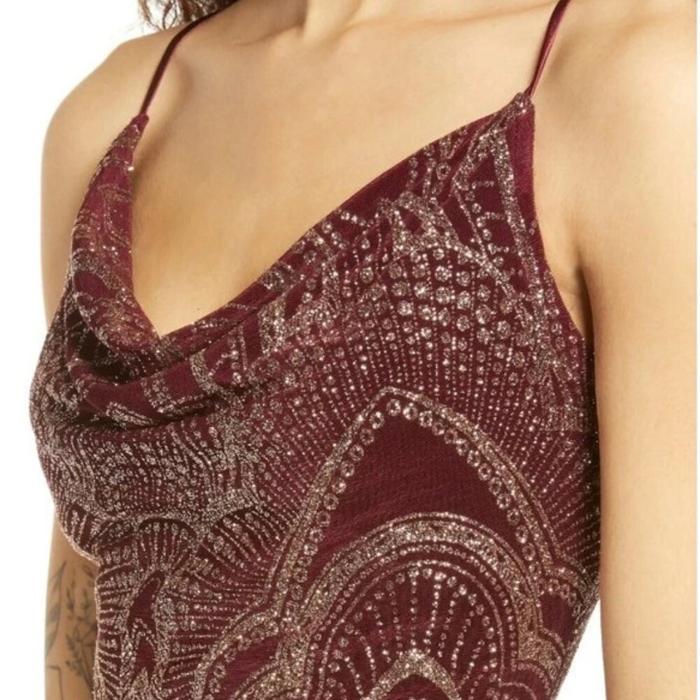 Burgundy Glitter Evening Dress Short Cowl Neck – Size 7/8